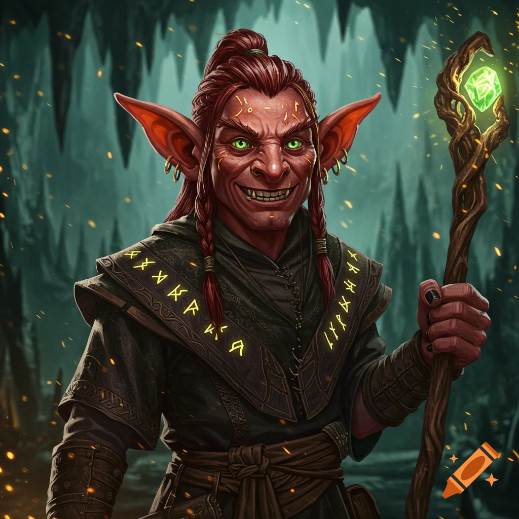 Portrait of a red-skinned fantasy creature (goblin/orc) mage with glowing eyes, runes on skin, holding a staff in a cave.
