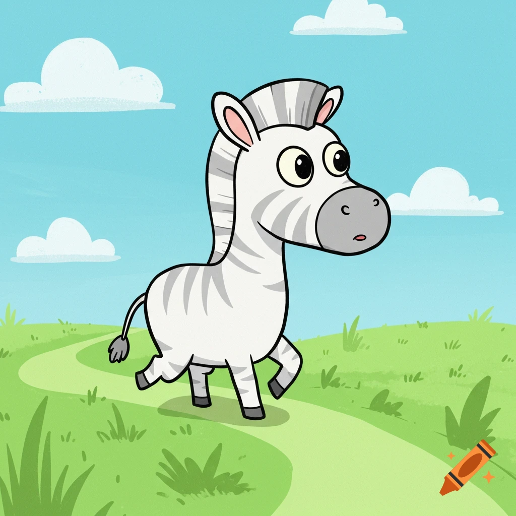 A cartoon zebra walks on a grassy path under a blue sky.