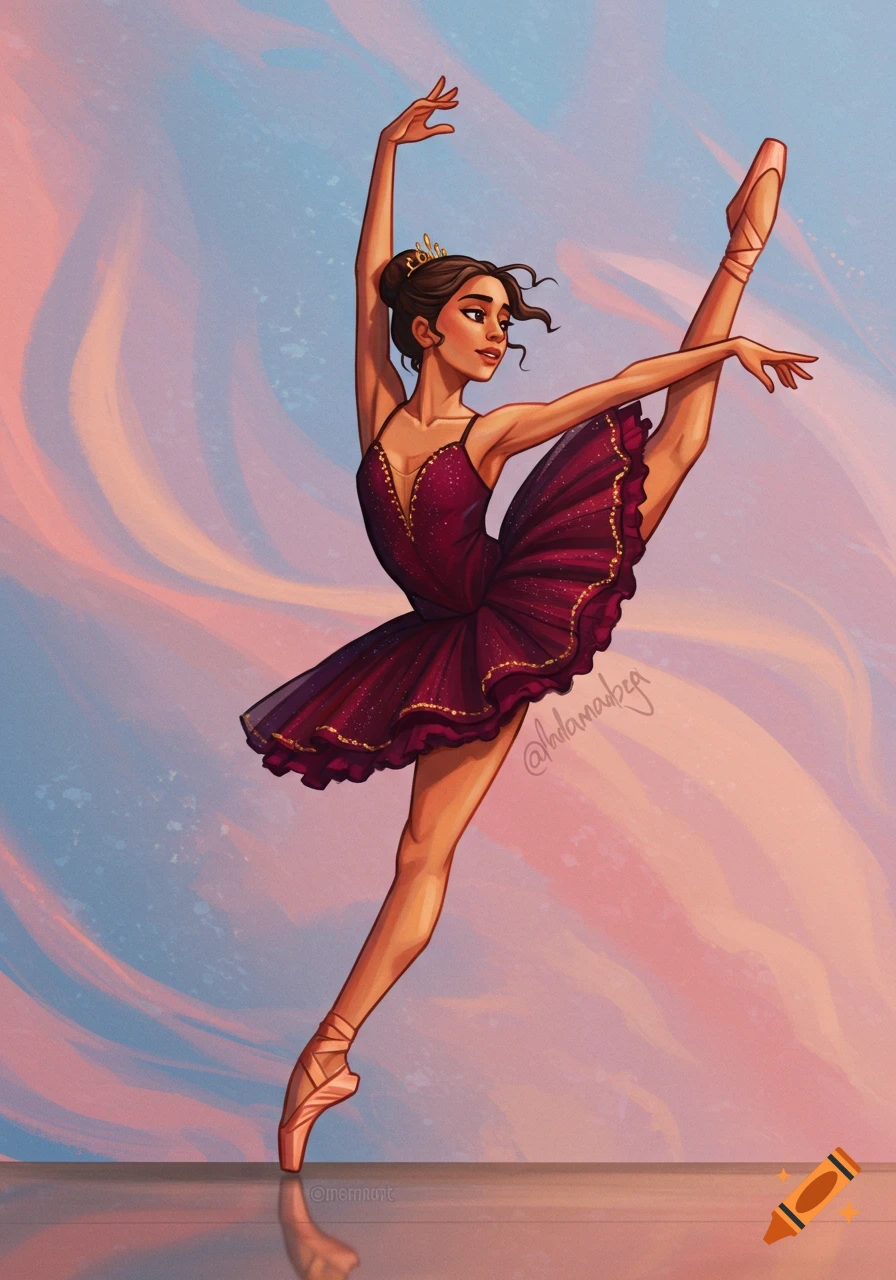 Stylized image of a ballerina in a dance pose against a pink and blue sky background.