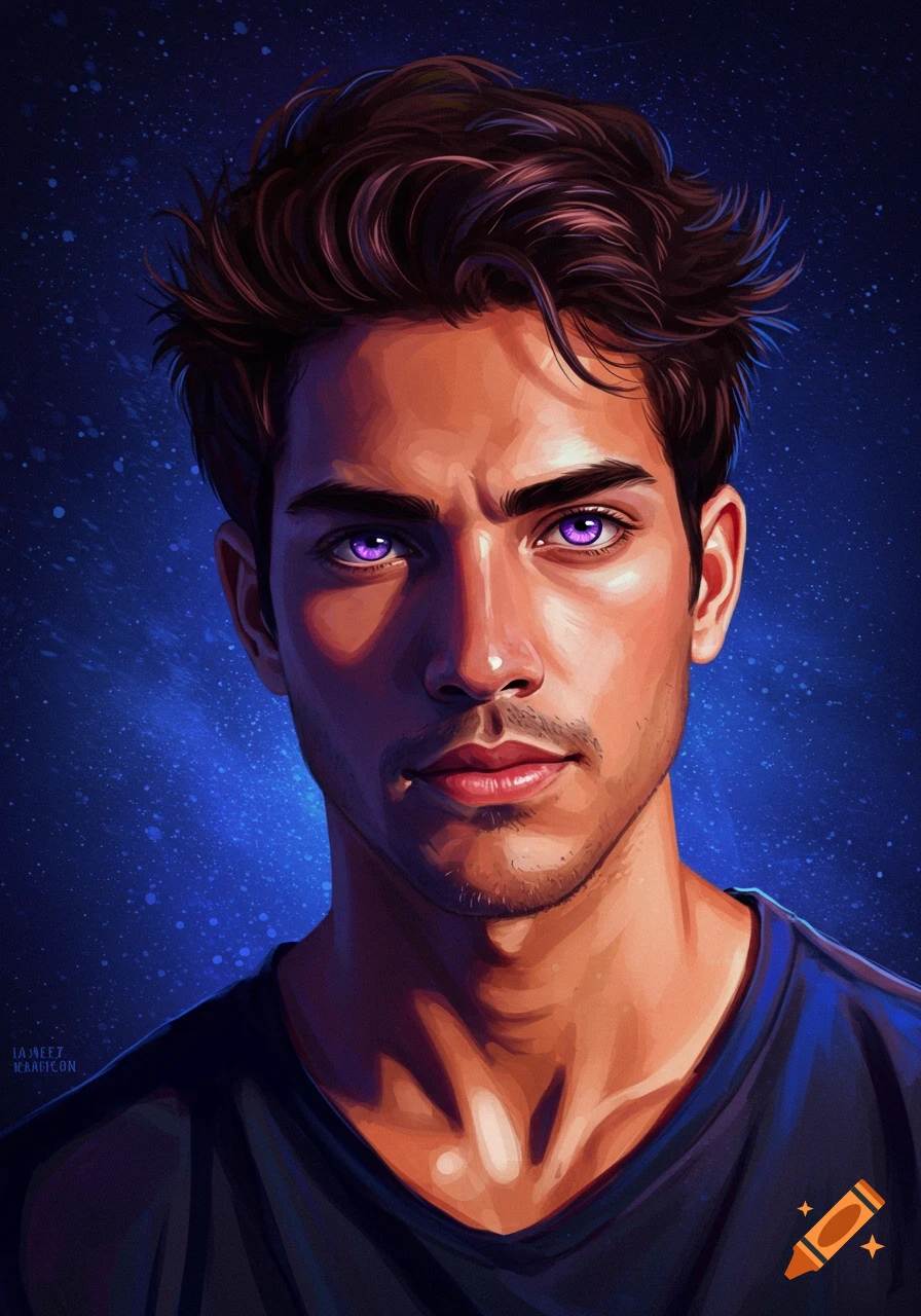 A handsome man with purple eyes and messy brown hair against a starry blue background.