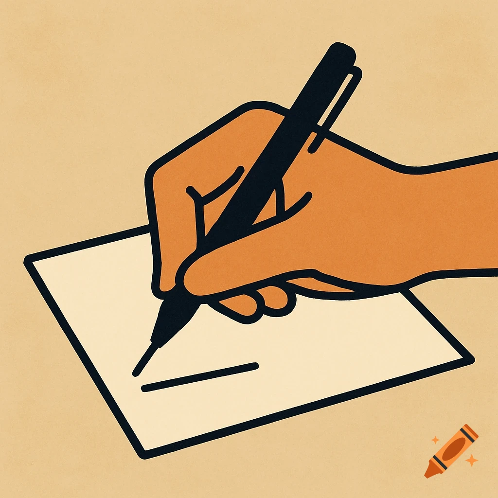 Illustration of a hand holding a pen and writing on paper.