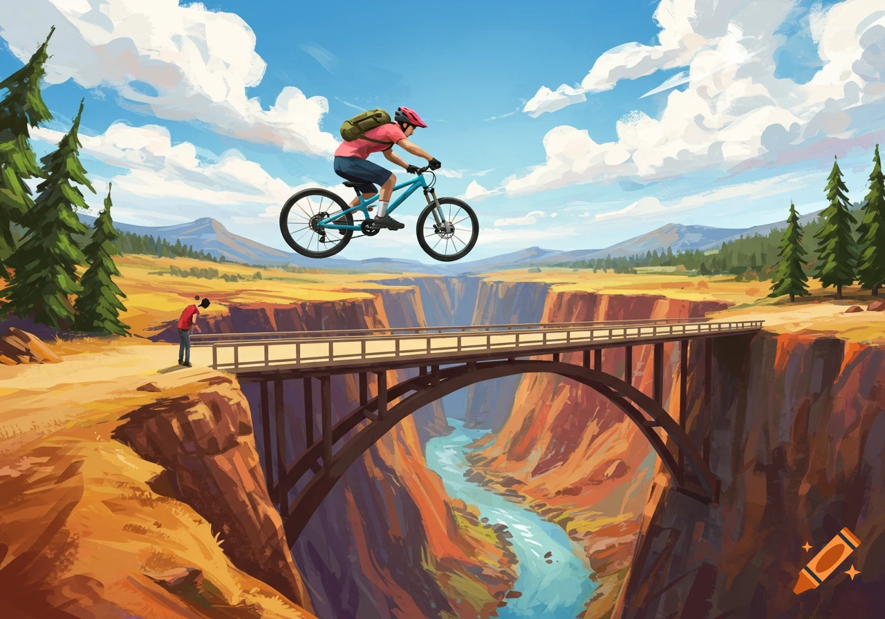 A mountain biker flying off a bridge over a canyon.