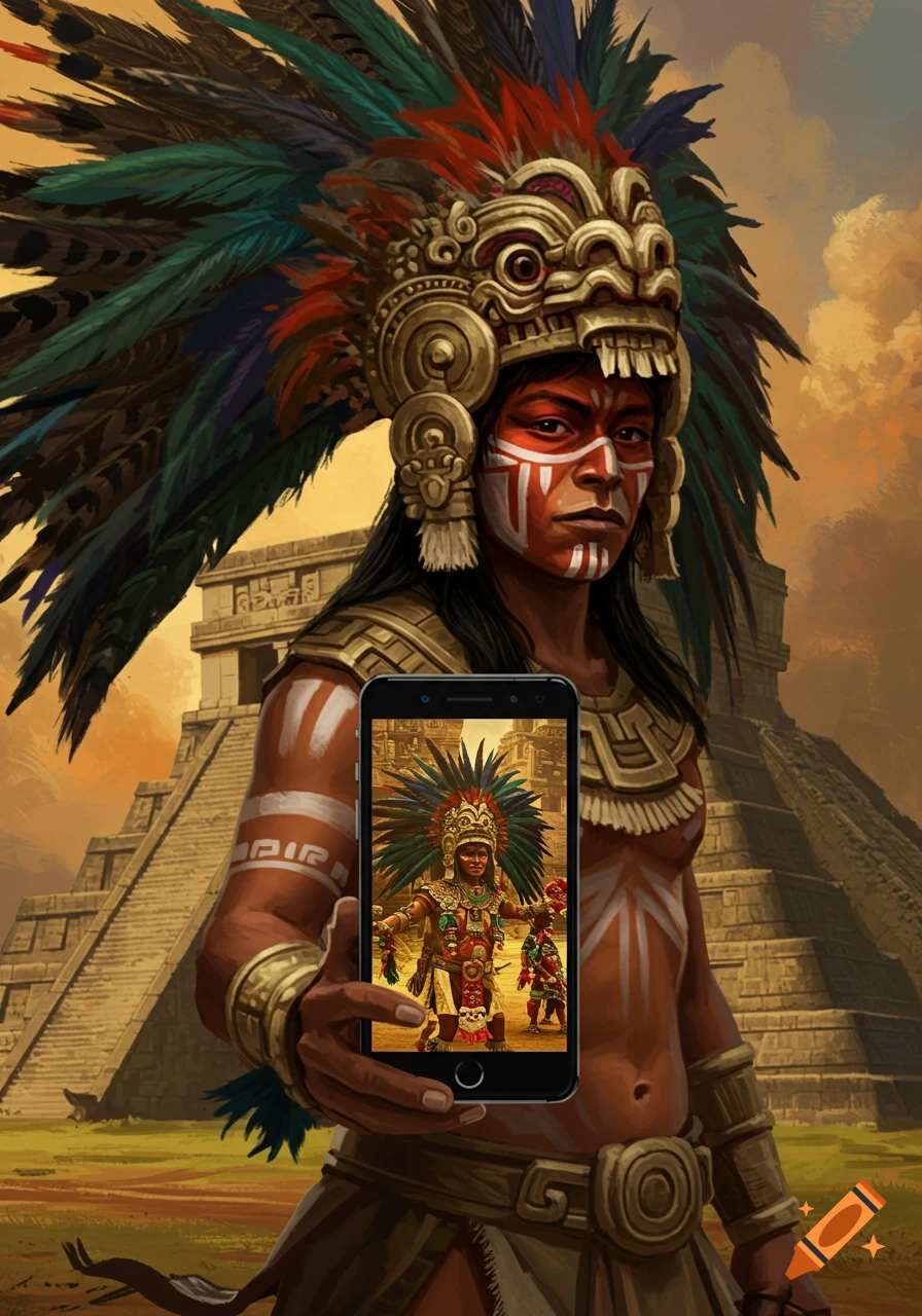 An Aztec warrior in headdress holding a phone showing an image of another warrior, in front of a pyramid.