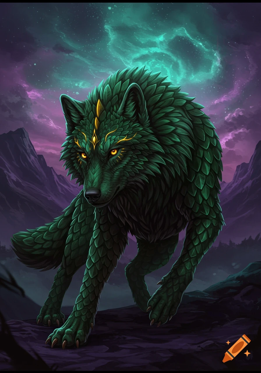 A green scaled wolf with golden markings stands in a mountainous landscape under a colorful aurora sky.