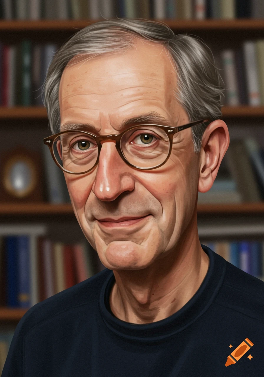 An older man with glasses and greying hair is in front of a bookshelf.