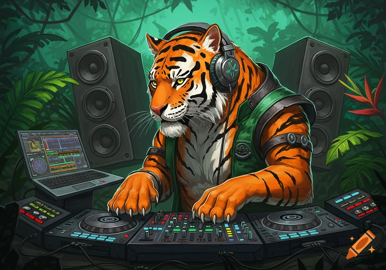 A tiger wearing headphones and a vest DJs in a jungle with turntables and speakers.