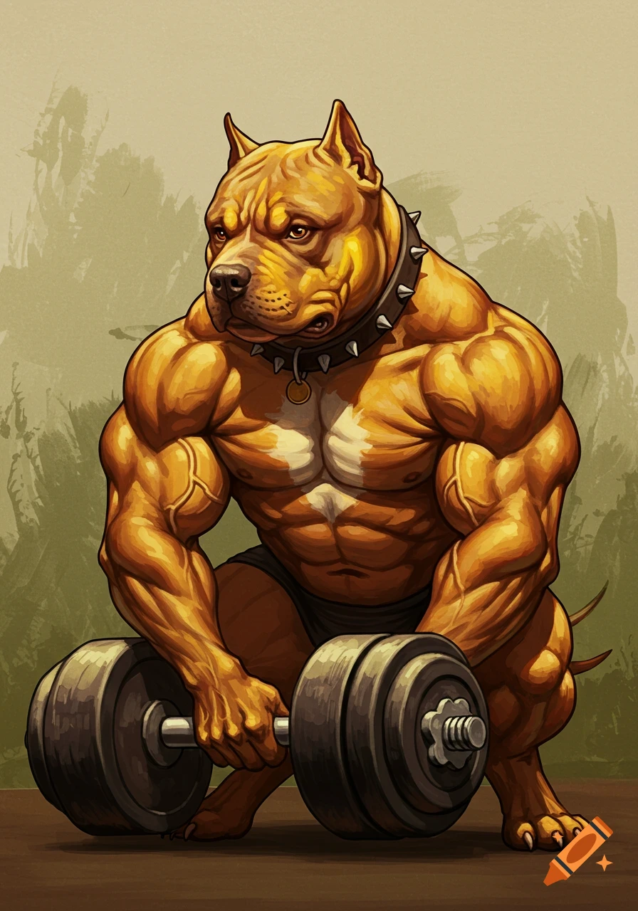 A muscular pitbull lifting a dumbbell