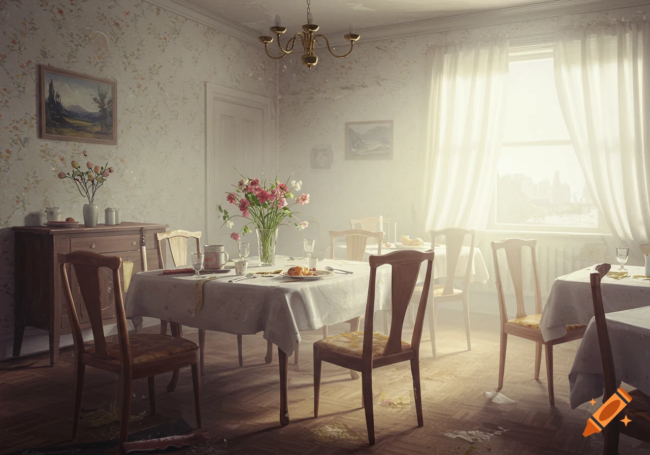 Sunlit dining room with tables, chairs, flowers, and a dusty floor.