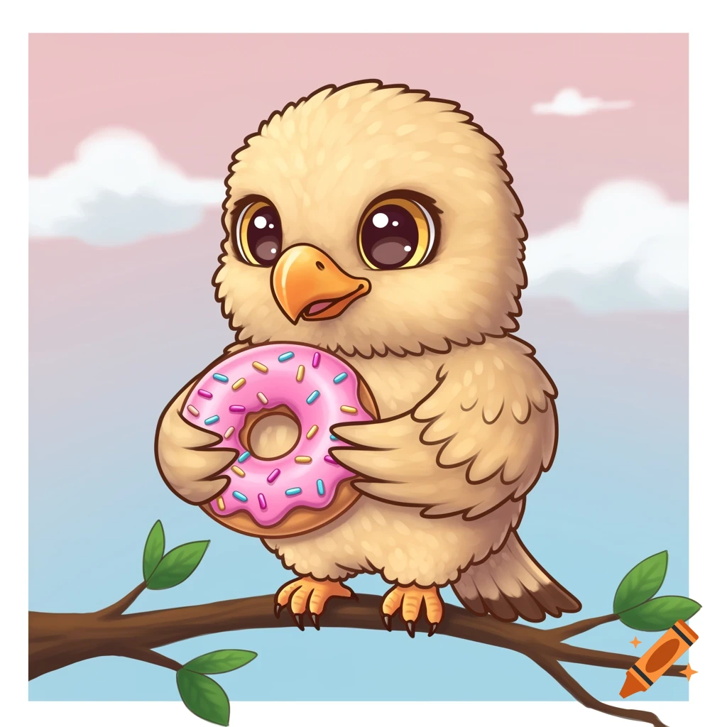 Cute cartoon baby eagle holding a pink donut on a branch.