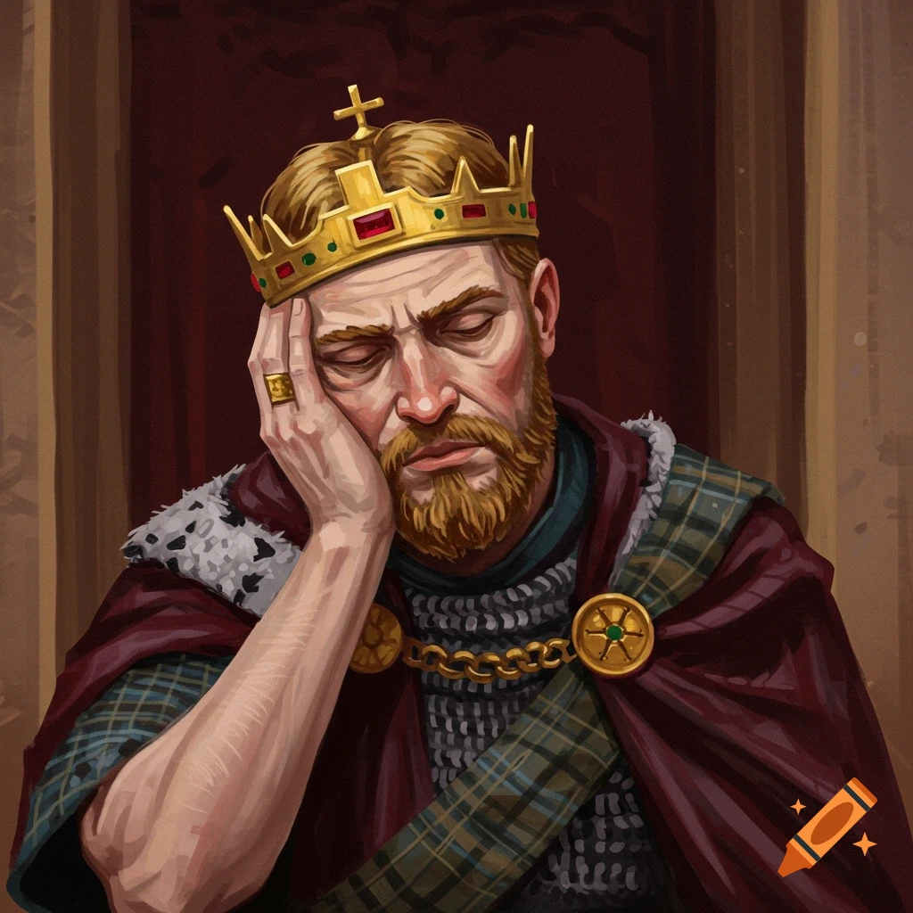 A tired king in a crown rests his head on his hand.