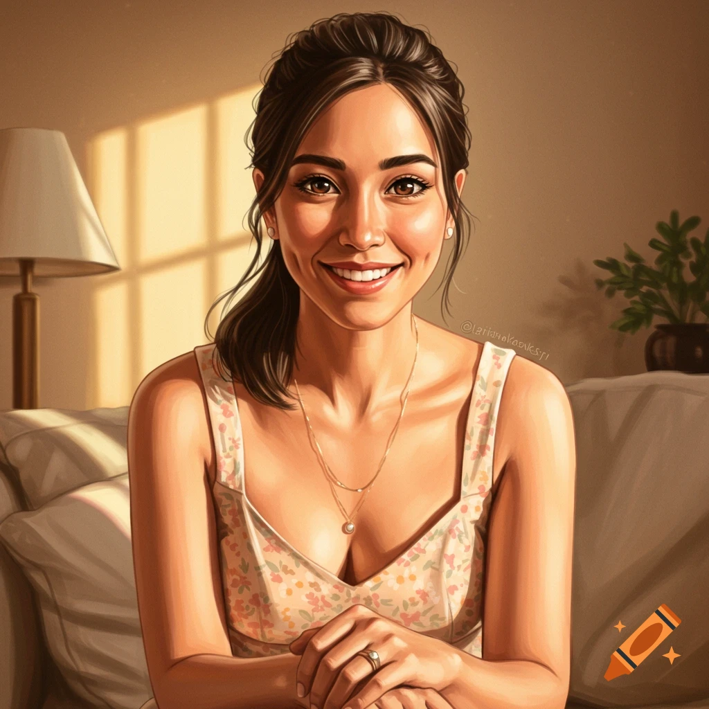 A portrait of a smiling woman with dimples wearing a floral top.