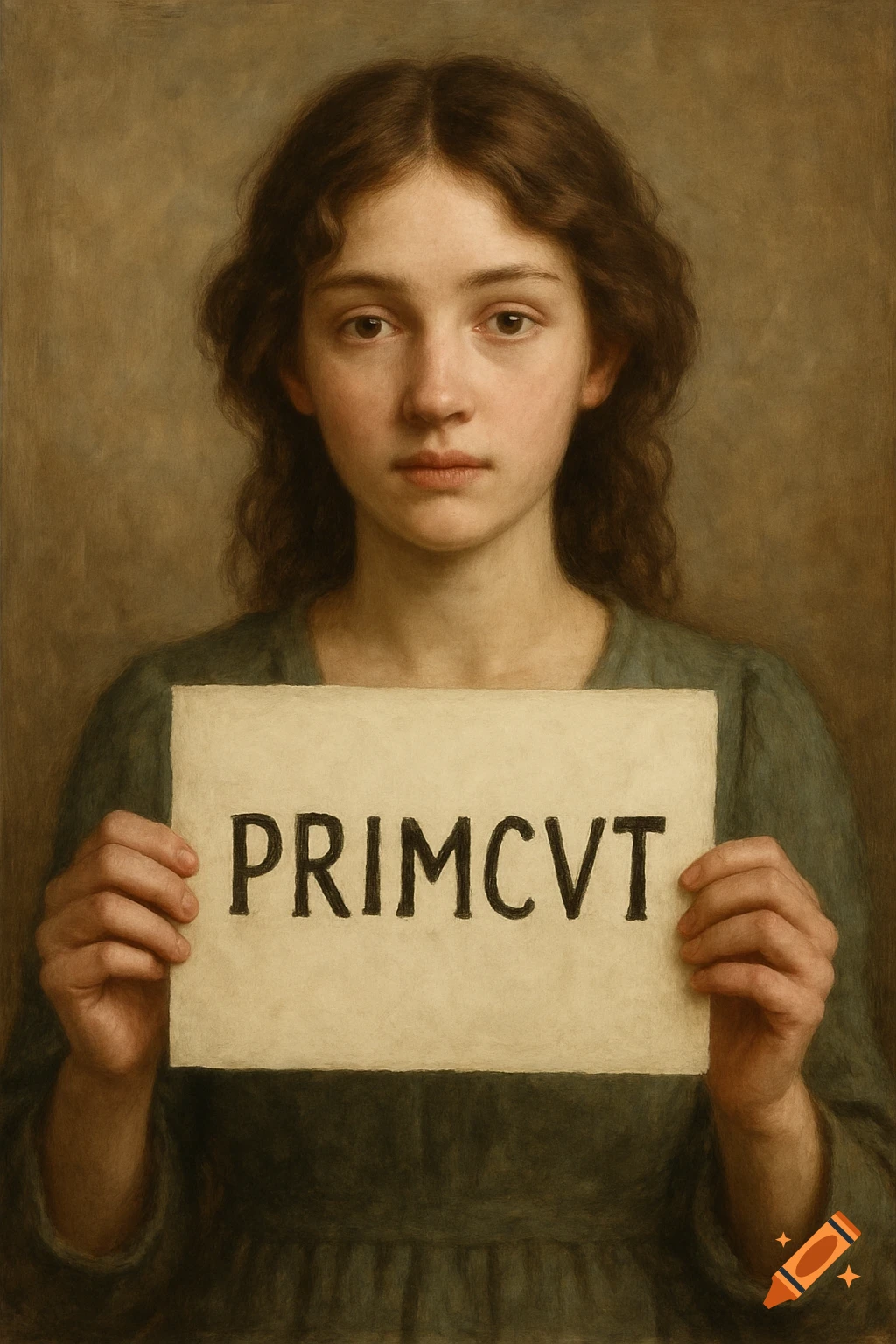 A portrait painting of a young woman holding a sign with text.