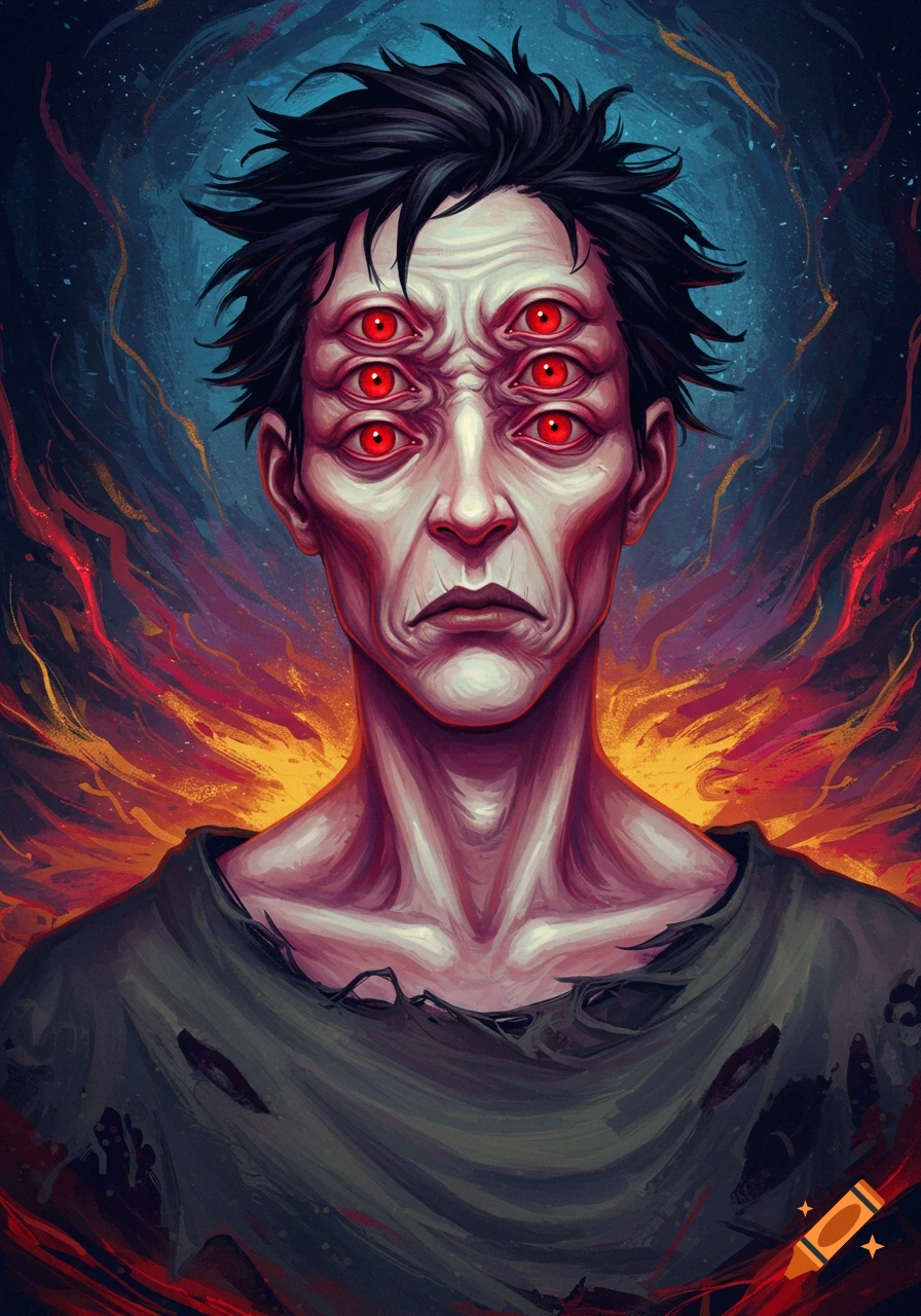 A portrait of a man with six red eyes and chaotic fire/smoke in the background.