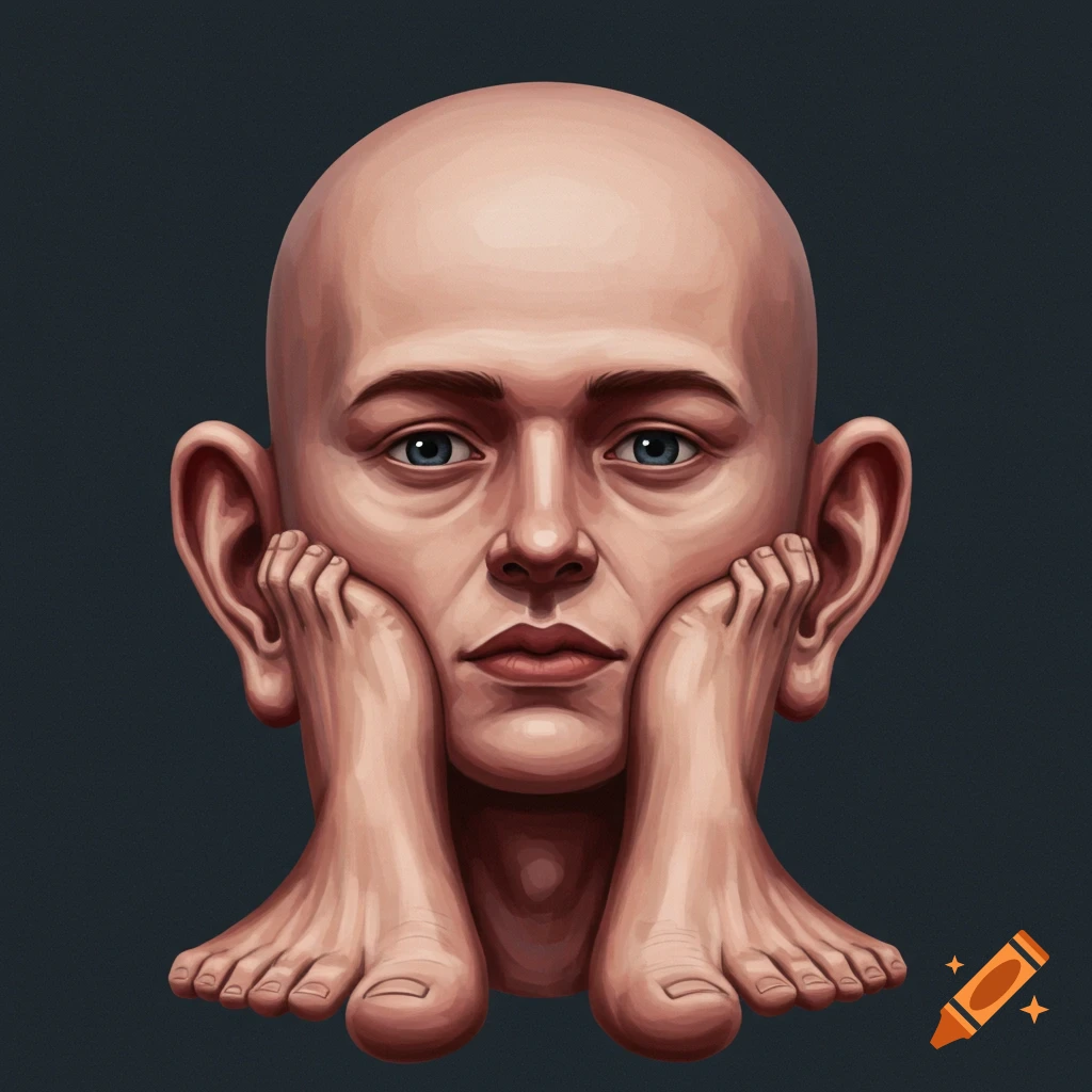 A surreal image of a bald head with feet resting where the cheeks should be.