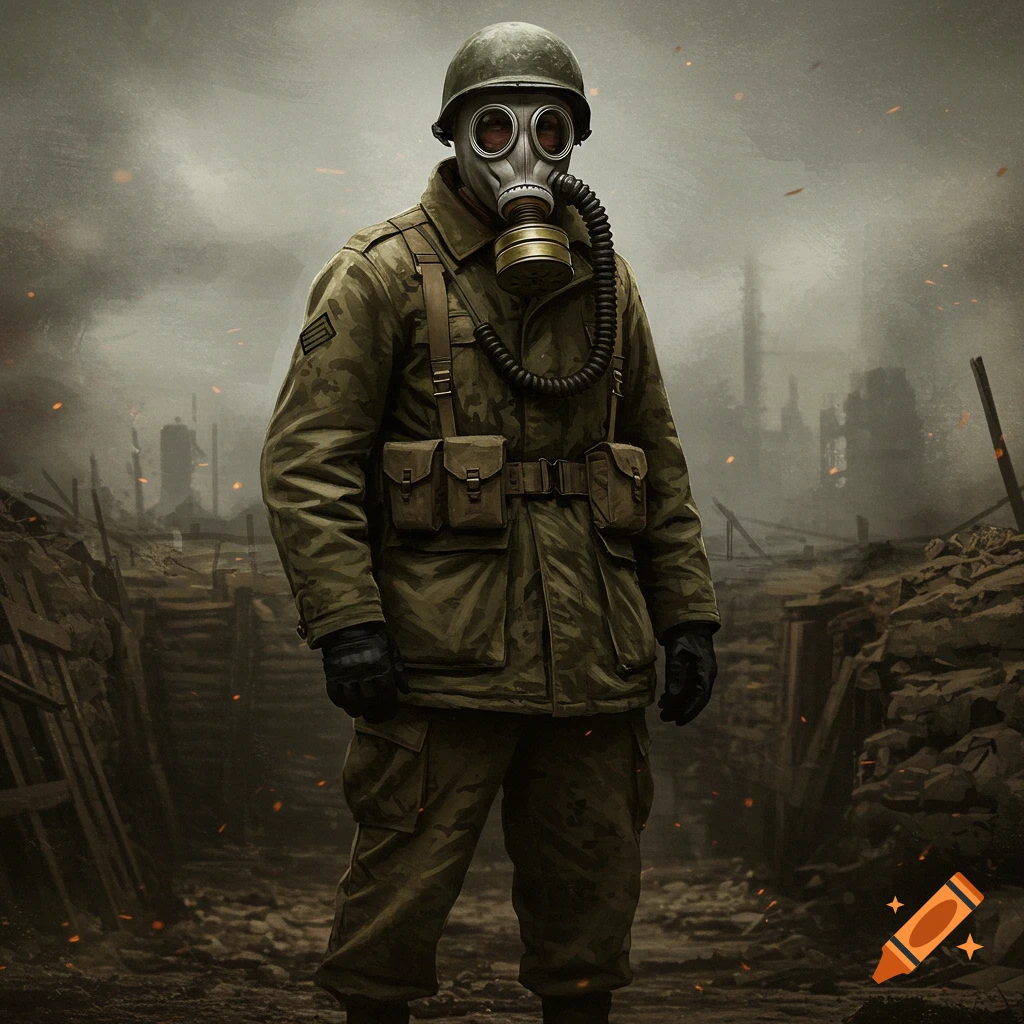 A soldier in a gas mask stands in a trench with a ruined city in the background.