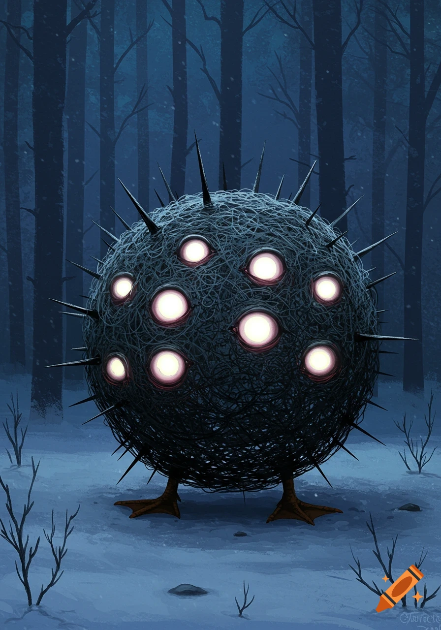 A dark, spiky sphere creature with multiple glowing eyes and duck feet stands in a snowy forest.