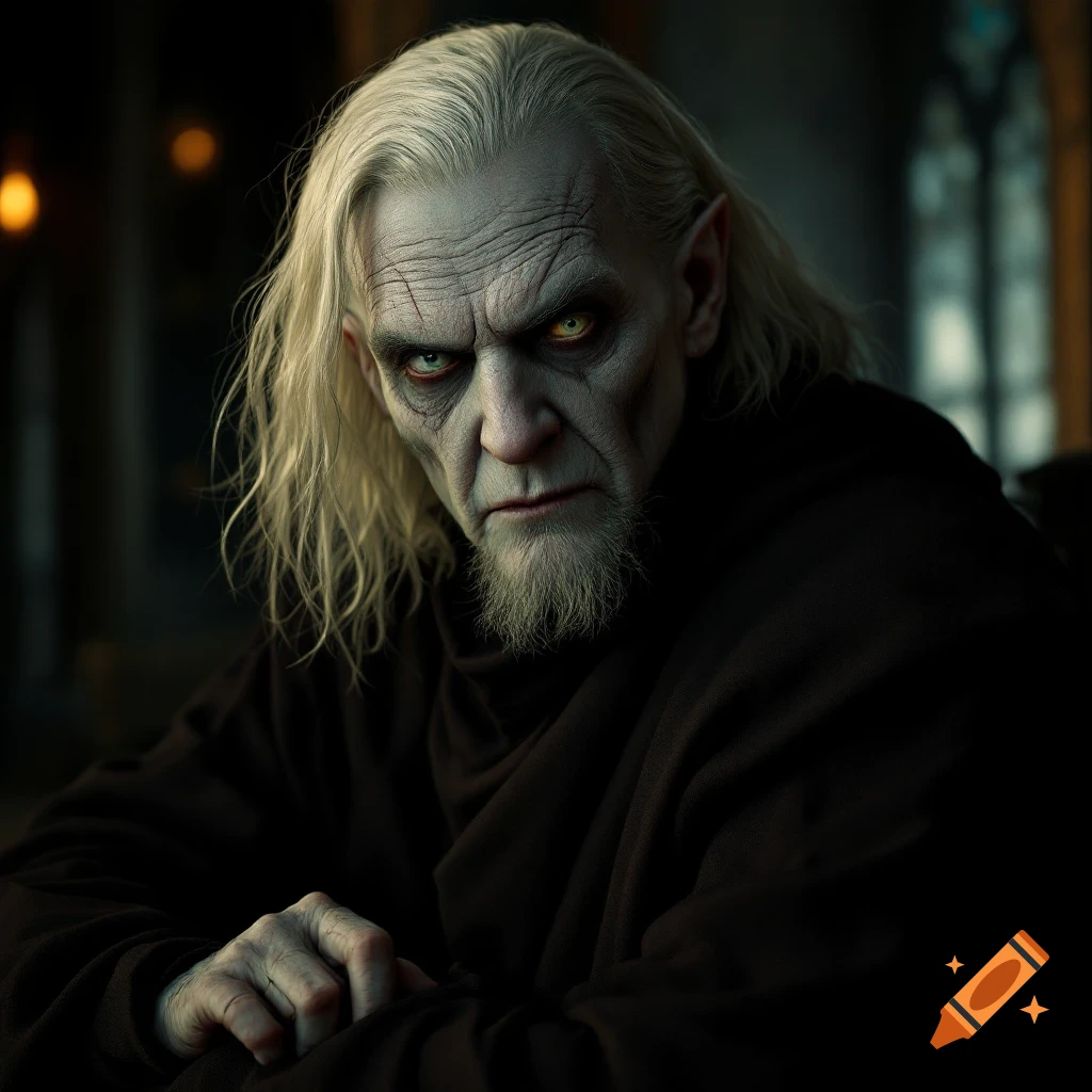 Close-up photorealistic portrait of a creepy elderly man with long white hair, pale skin, glowing yellow eyes, and a goatee, wearing dark robes.