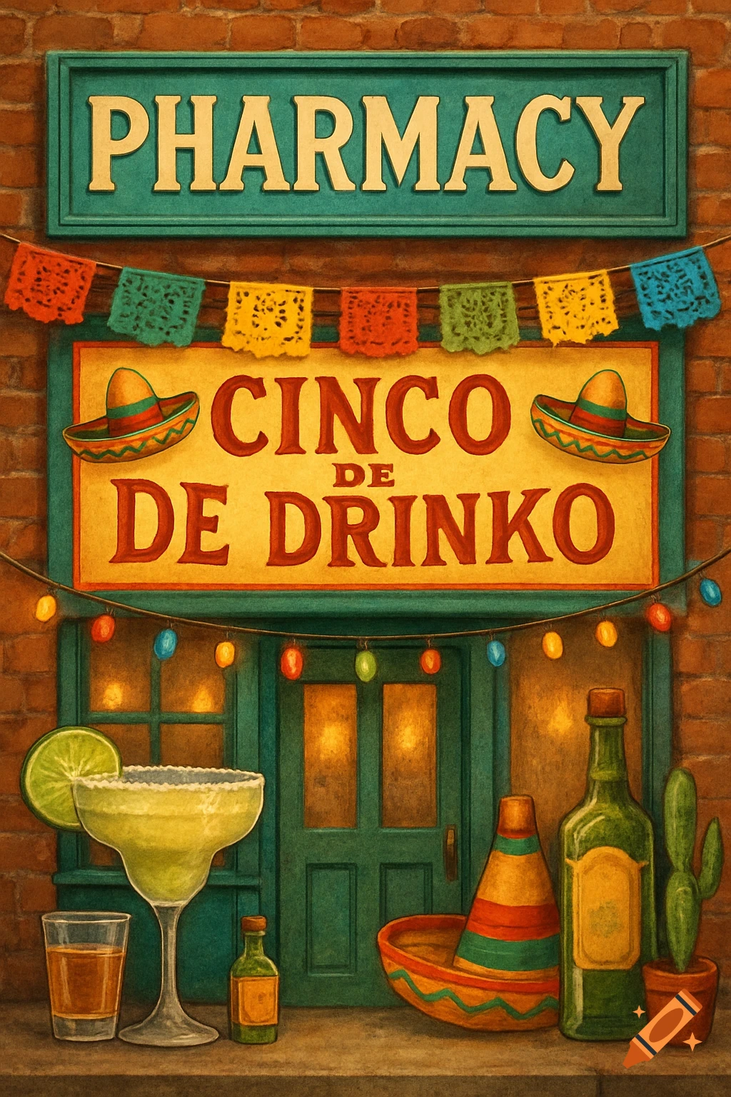 Pharmacy storefront decorated for Cinco de Drinko with margarita, tequila, and sombrero.