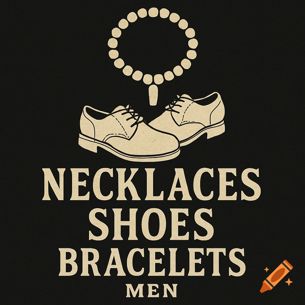 Minimalist logo with a necklace and a pair of shoes above the text 'NECKLACES SHOES BRACELETS MEN'