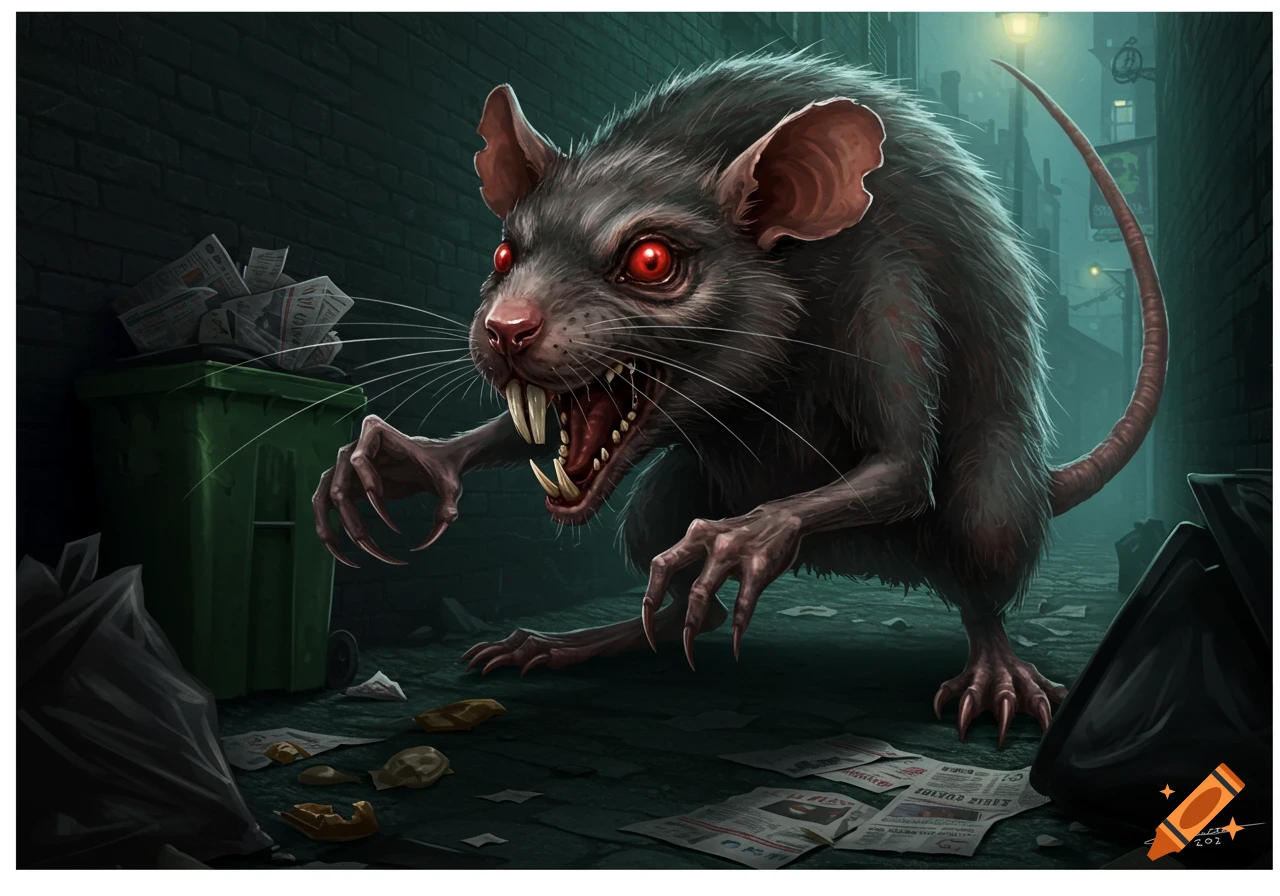A large, scary black rat with glowing red eyes and sharp teeth stands in a dark alleyway next to a trash can.