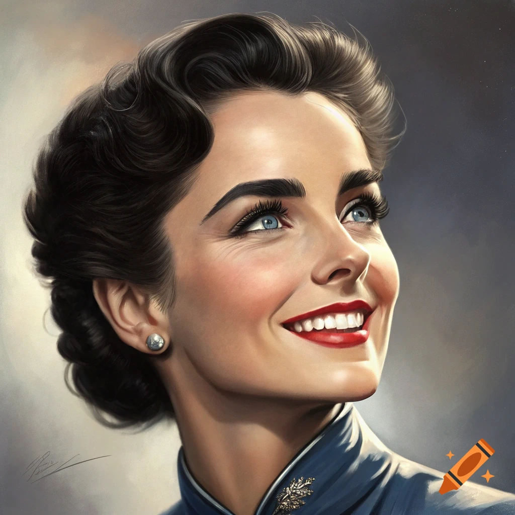 Portrait of a smiling woman with dark hair and blue eyes looking up. Illustration style.