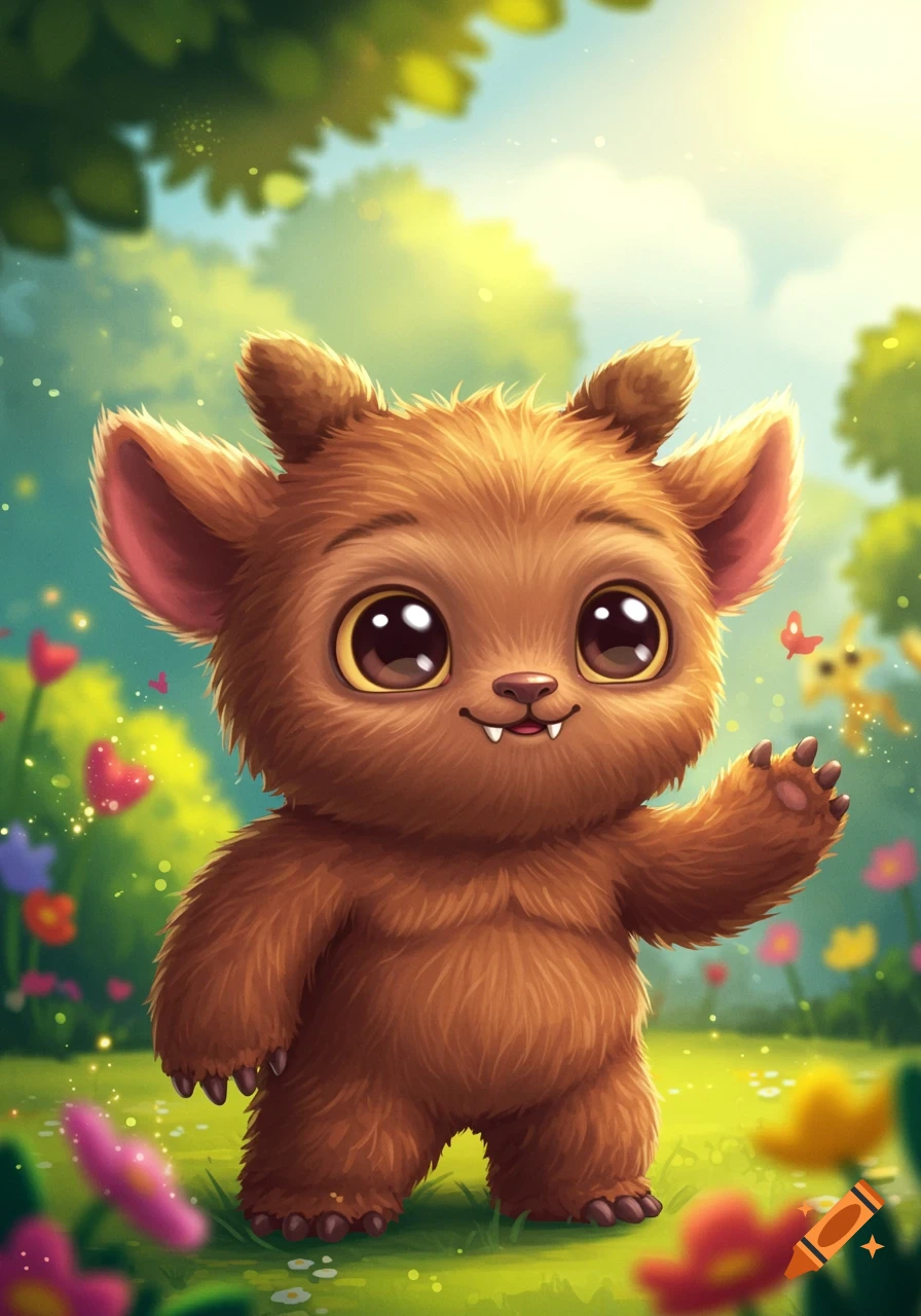 A cute, fluffy brown monster with big eyes waving in a sunny forest clearing filled with colorful flowers.