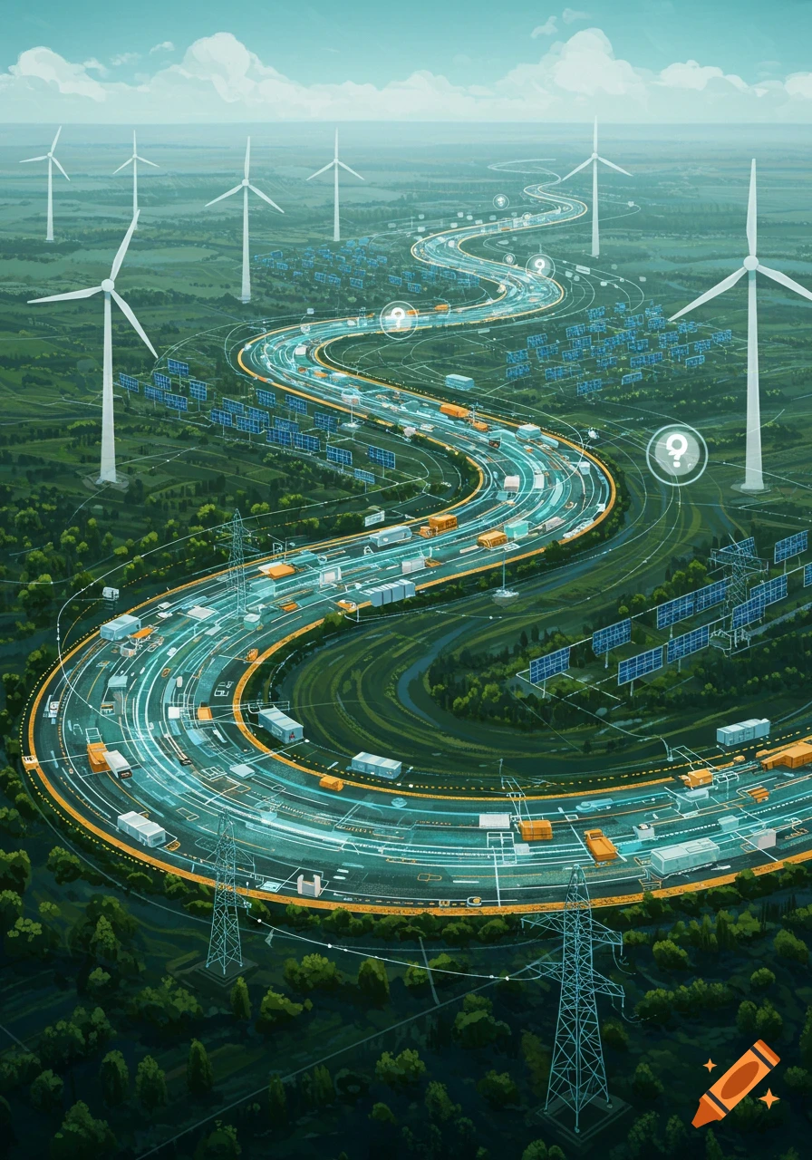 A winding highway with overlaid data lines, surrounded by wind turbines and solar panels, depicting energy interconnection.