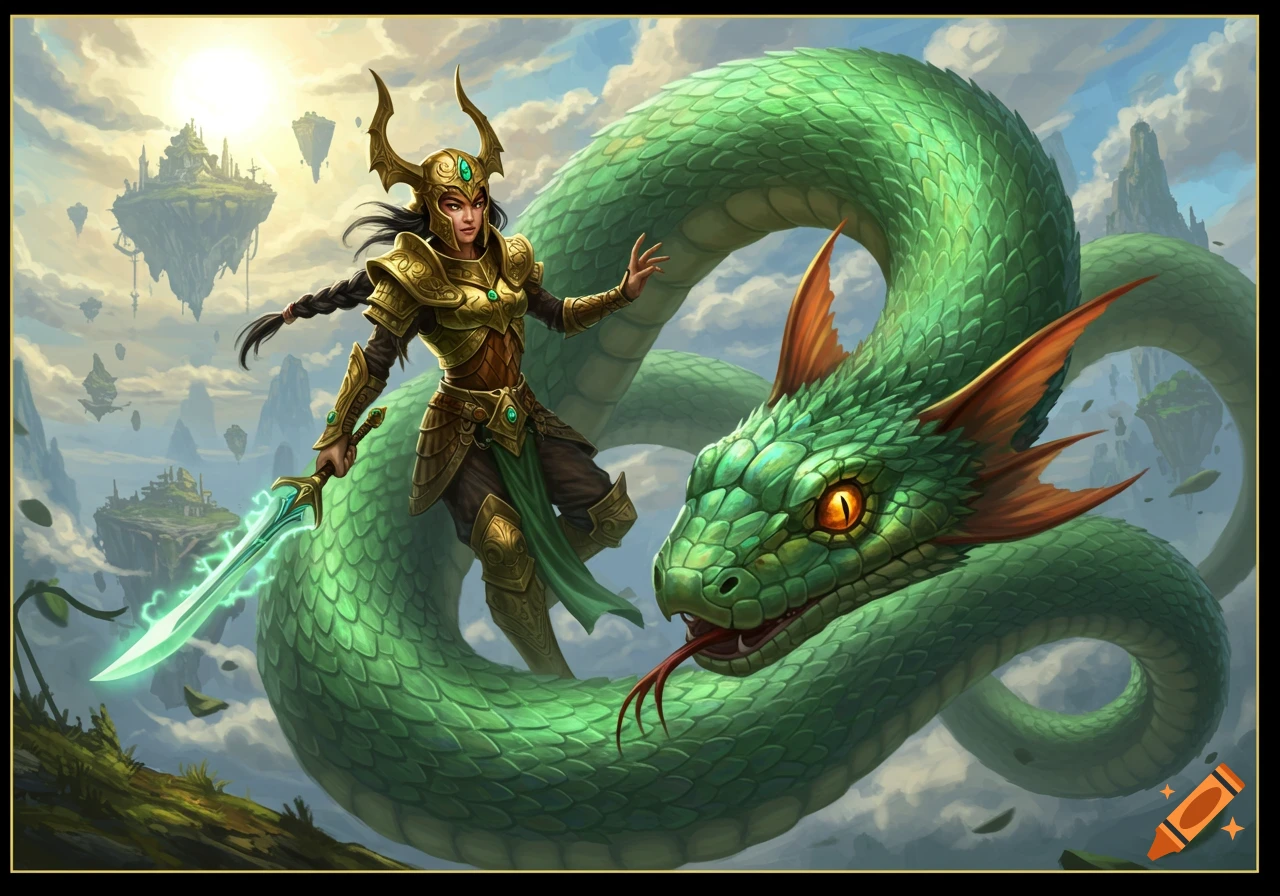 Fantasy painting of a warrior riding a giant flying green snake among floating islands.