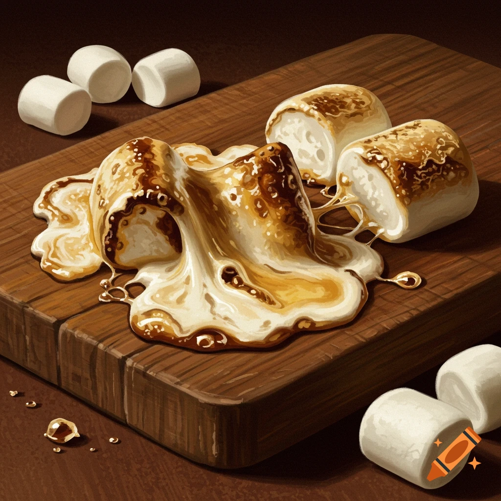 Melted and whole marshmallows are arranged on a wooden cutting board.