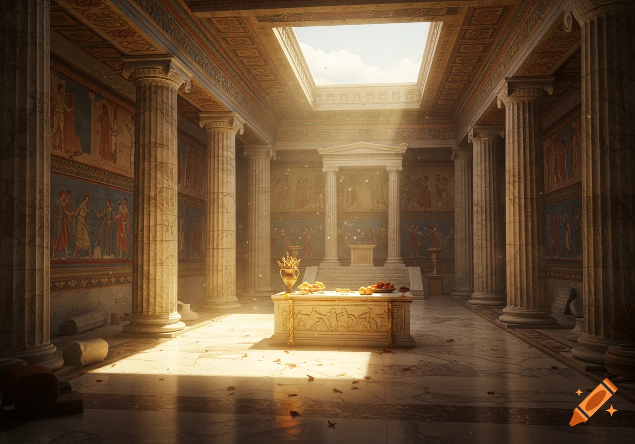 An ancient Greek temple interior with columns, frescoes, and sunbeams