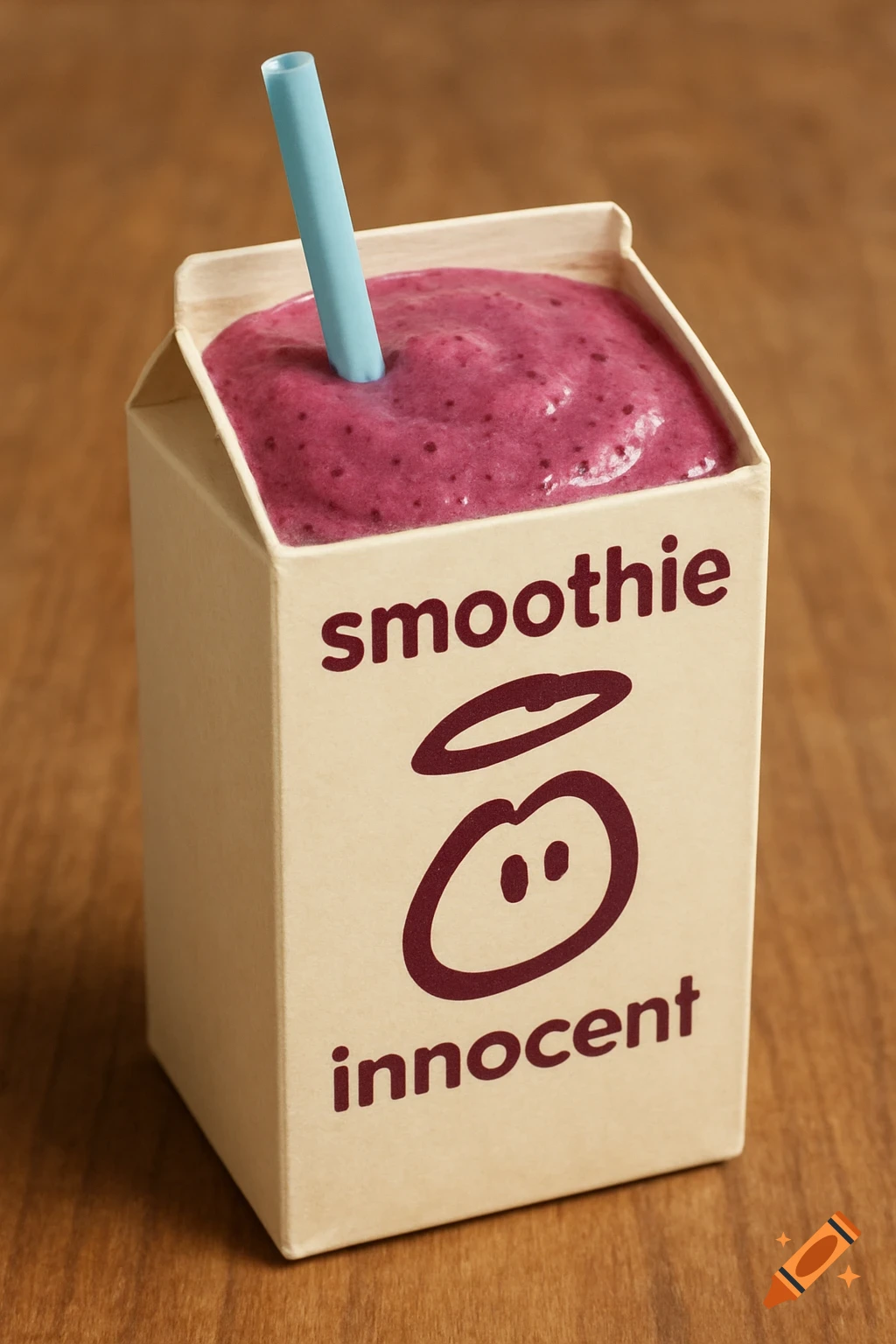 A close-up of a square carton filled with purple smoothie, featuring a blue straw and "smoothie", "innocent" text and logo.