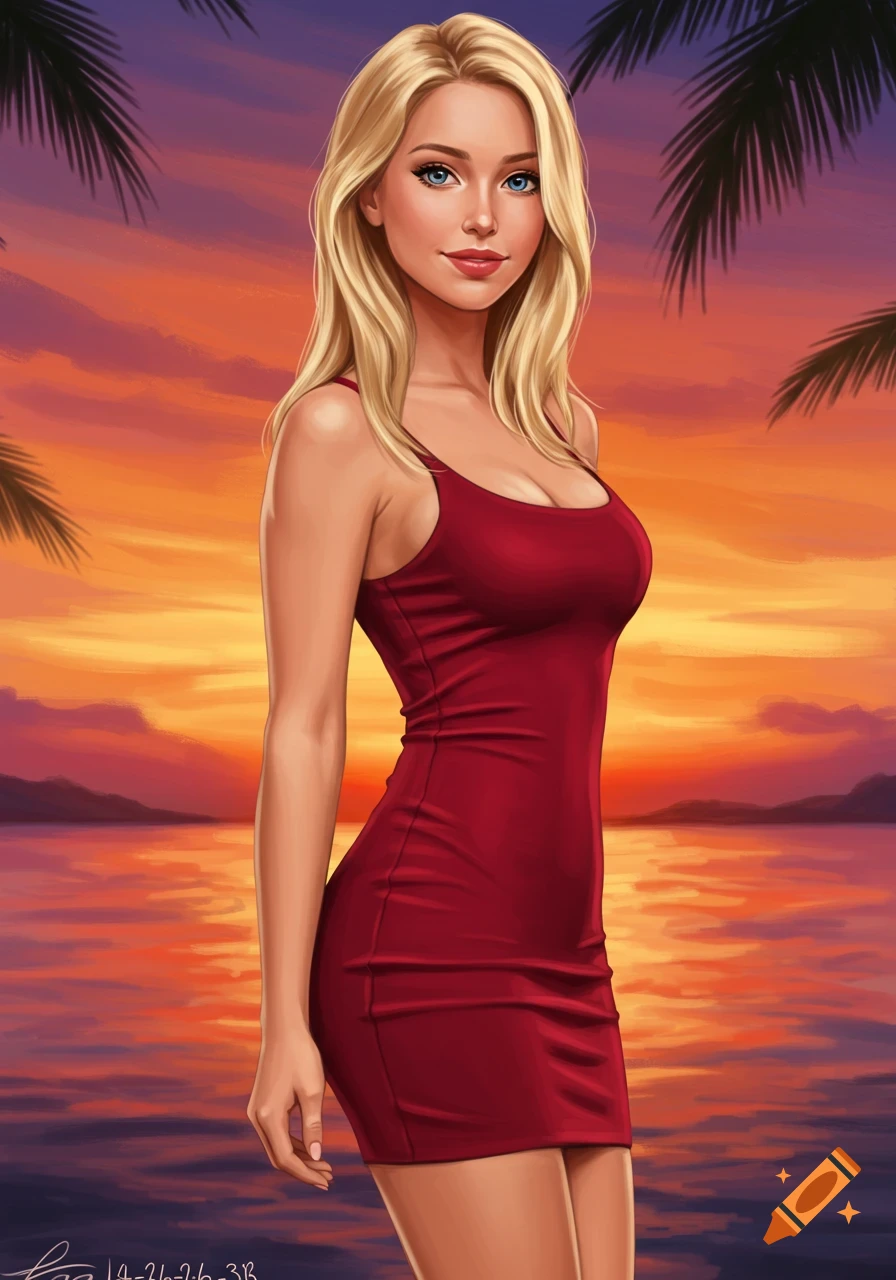 A blonde woman in a red dress stands by the water at sunset.