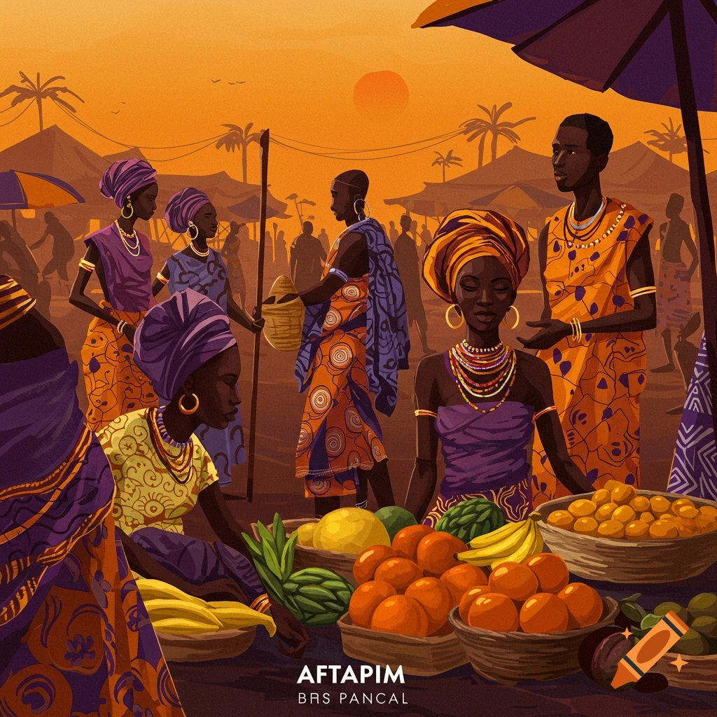 People at an outdoor market during sunset, selling fruits and goods, dressed in vibrant patterned clothing.