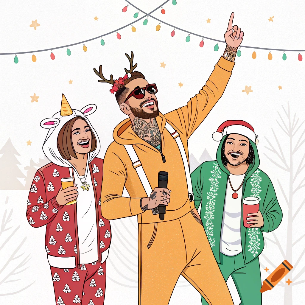 Vector illustration of three people in funny Christmas outfits, one with antlers, one with a unicorn hood, celebrating.