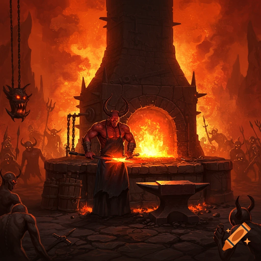 A demonic blacksmith forging metal at a large fiery forge surrounded by other demons in hell.