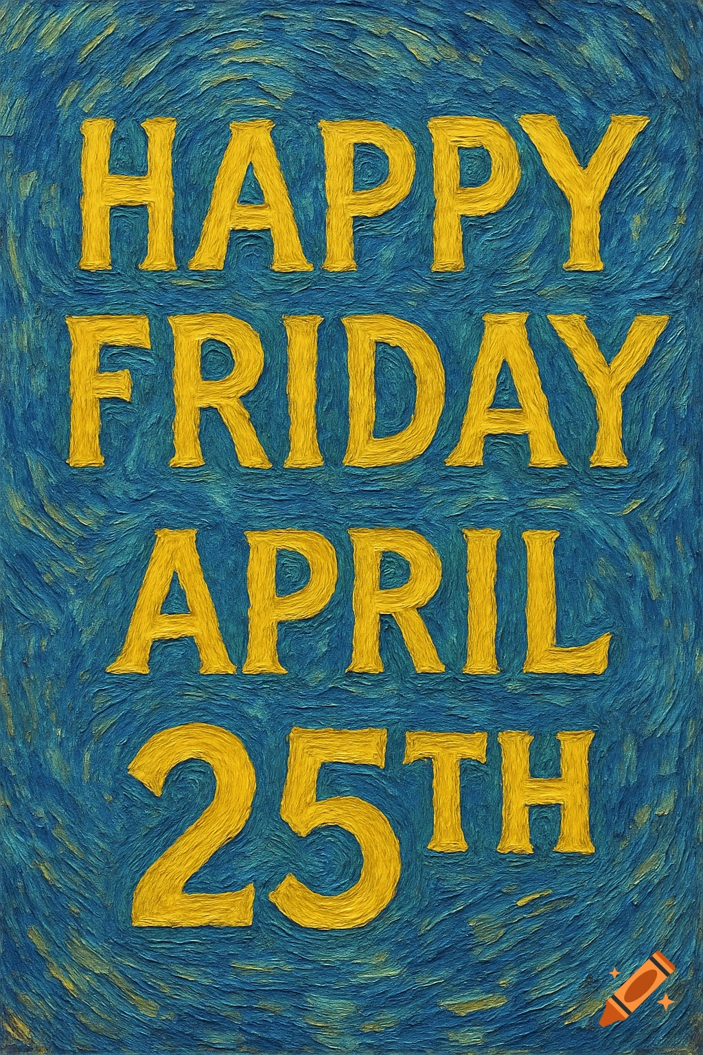 Poster with the text 'Happy Friday April 25th' in a textured blue and yellow painting style.