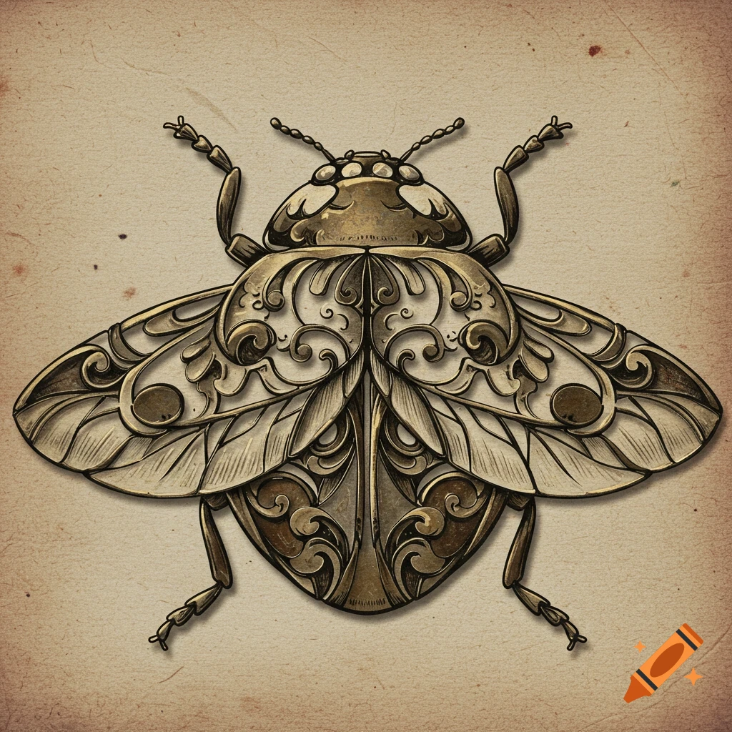 An ornate, metallic illustration of a ladybug on a textured background.