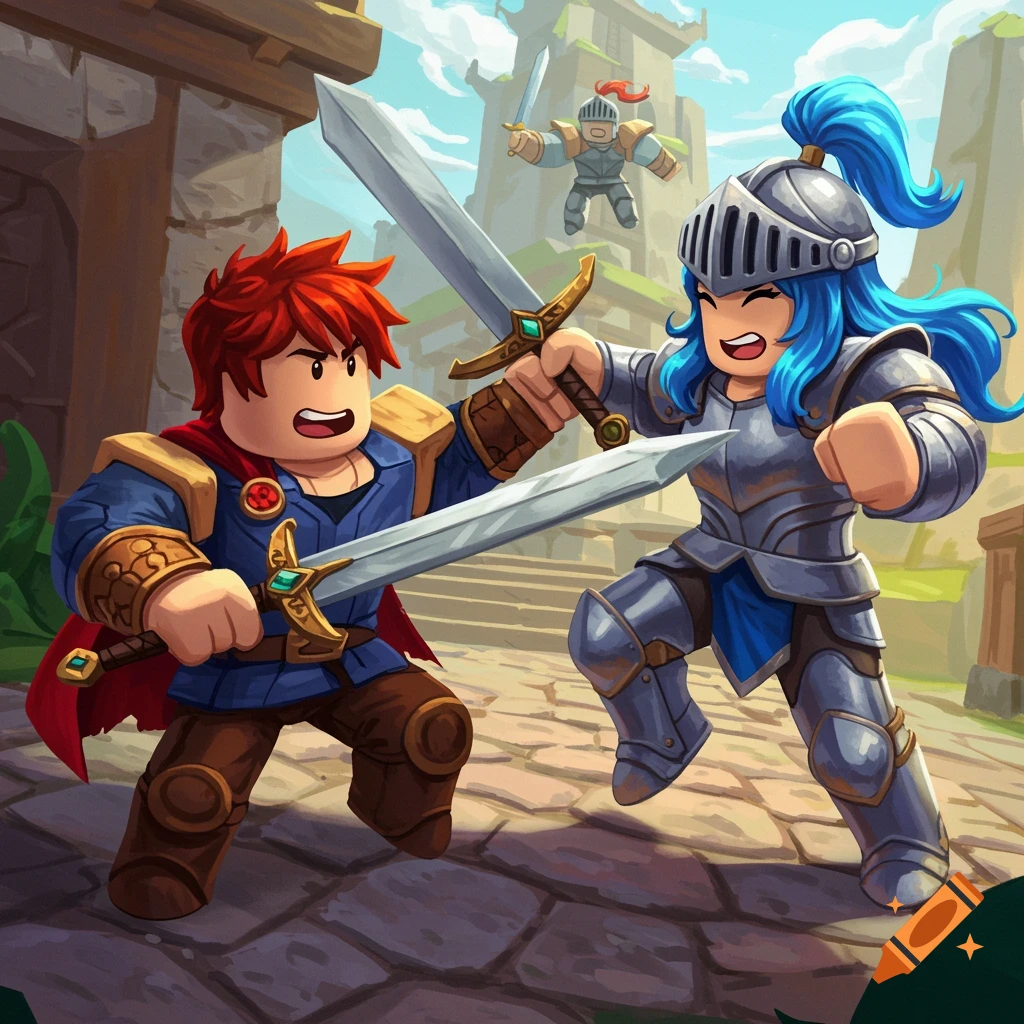 Roblox-style characters duel with swords in a fantasy setting.
