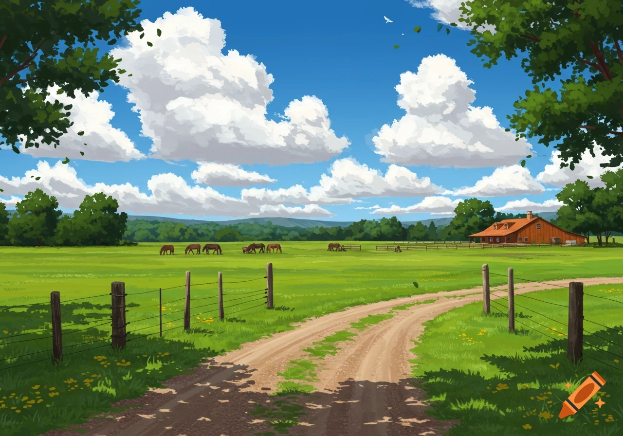 A dirt road leads to a ranch house in a green field with horses grazing under a blue sky with large clouds.