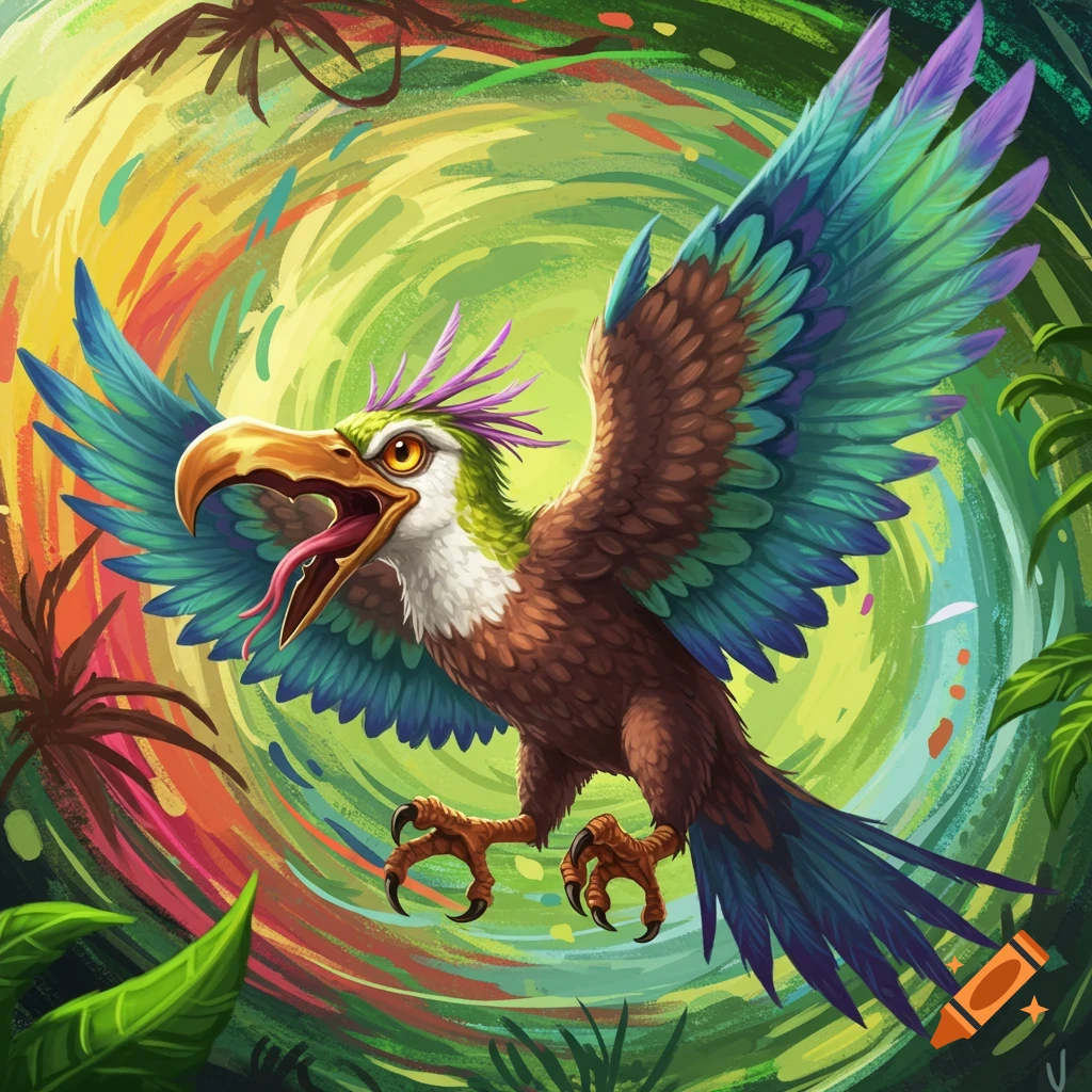 A vibrant fantasy bird with colorful wings is flying through a jungle vortex.