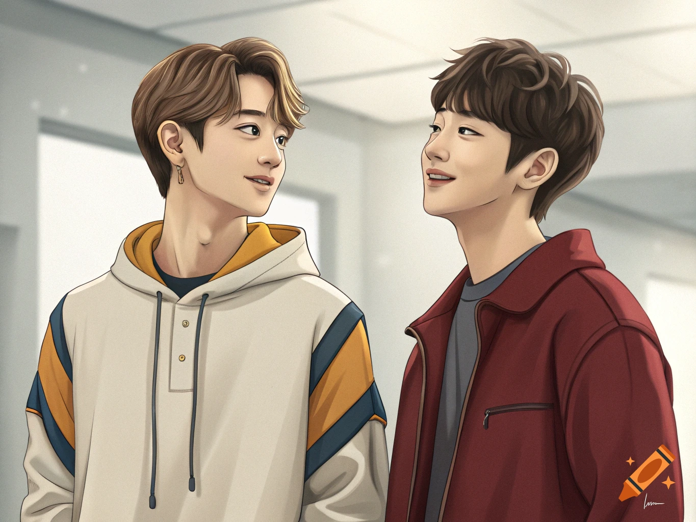 Illustration of two young men smiling and looking at each other indoors.