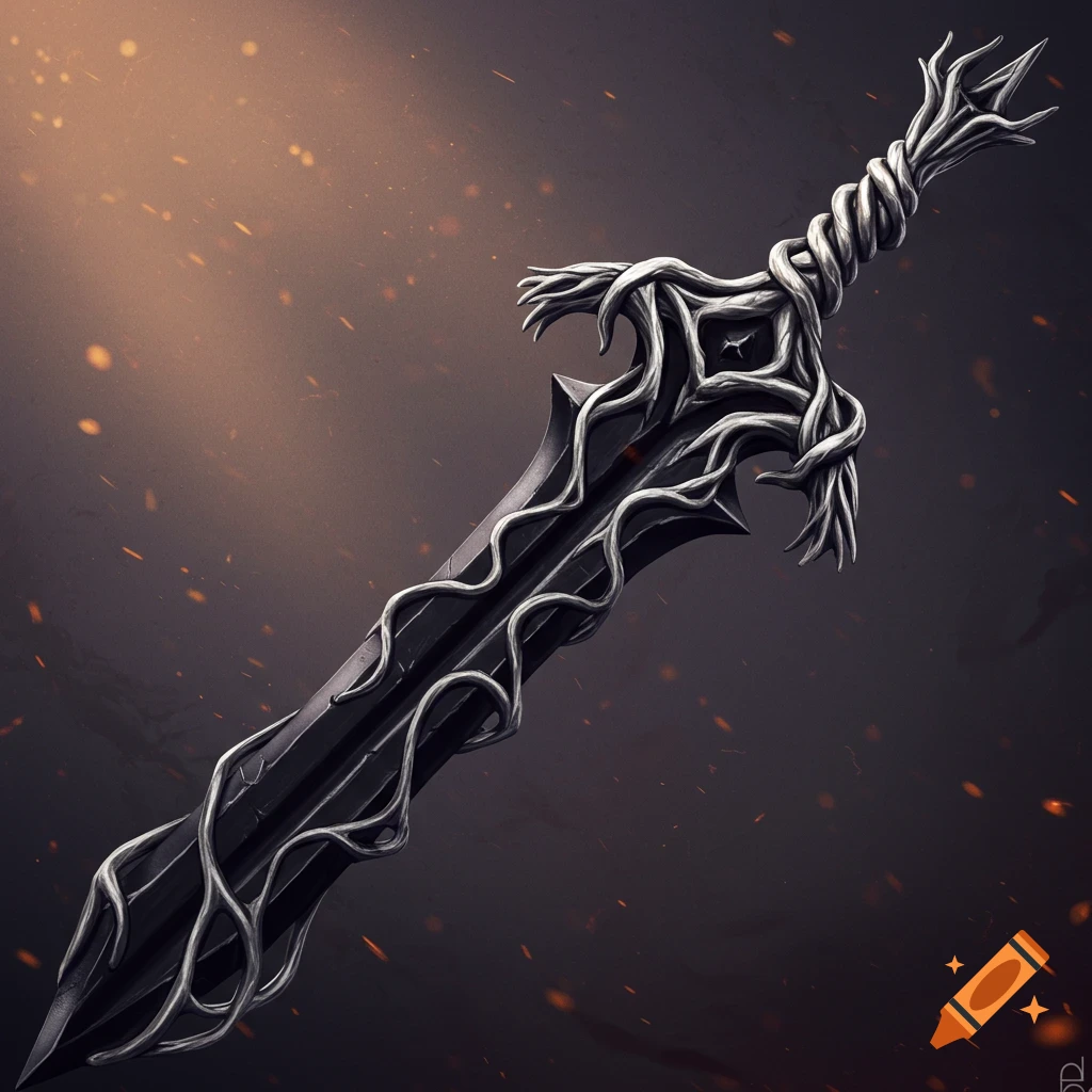 A black sword with silver roots forming the handle and guard, set against a fiery background.