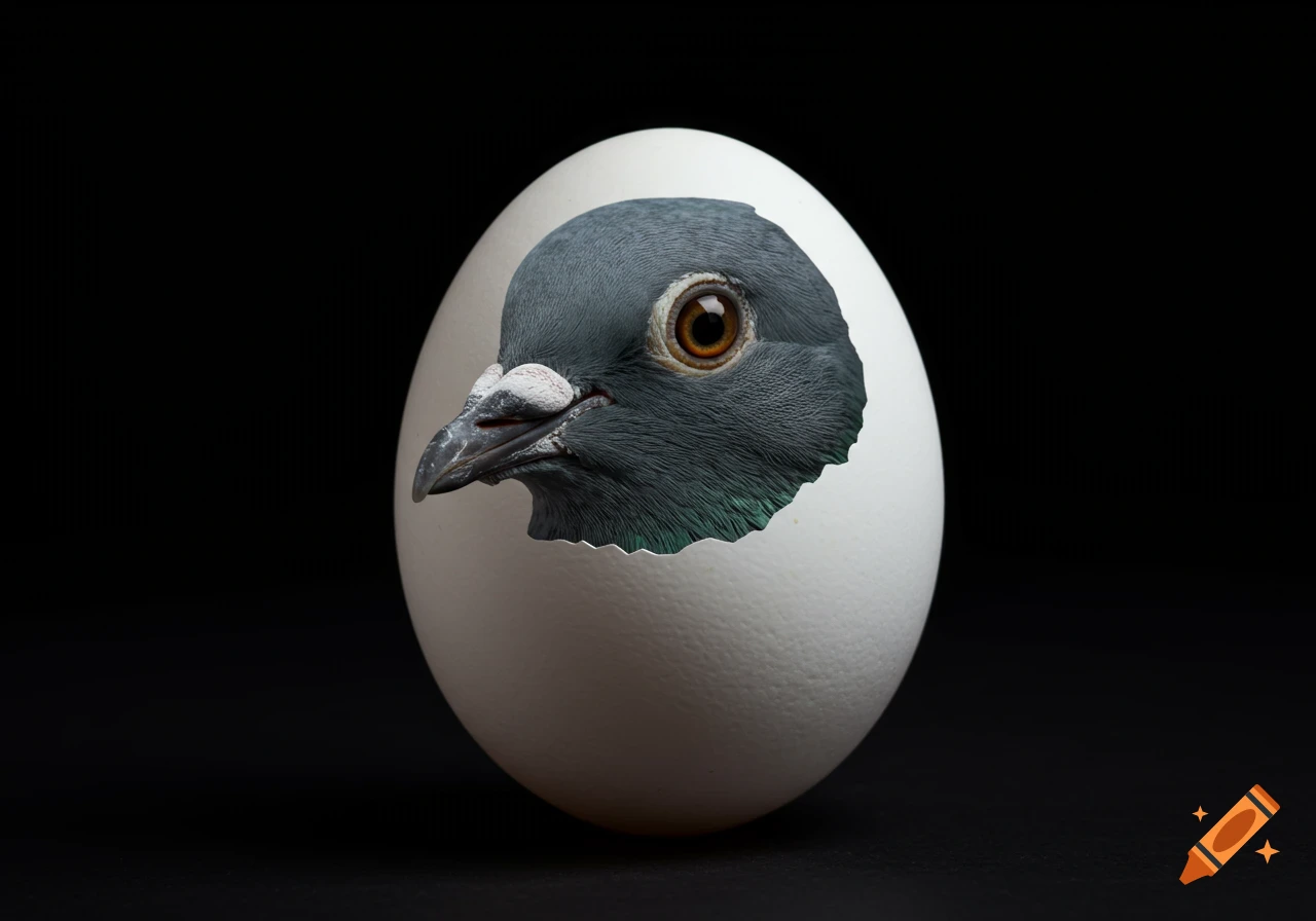 A close-up photorealistic image of a pigeon's head emerging from a cracked white egg on a black background.