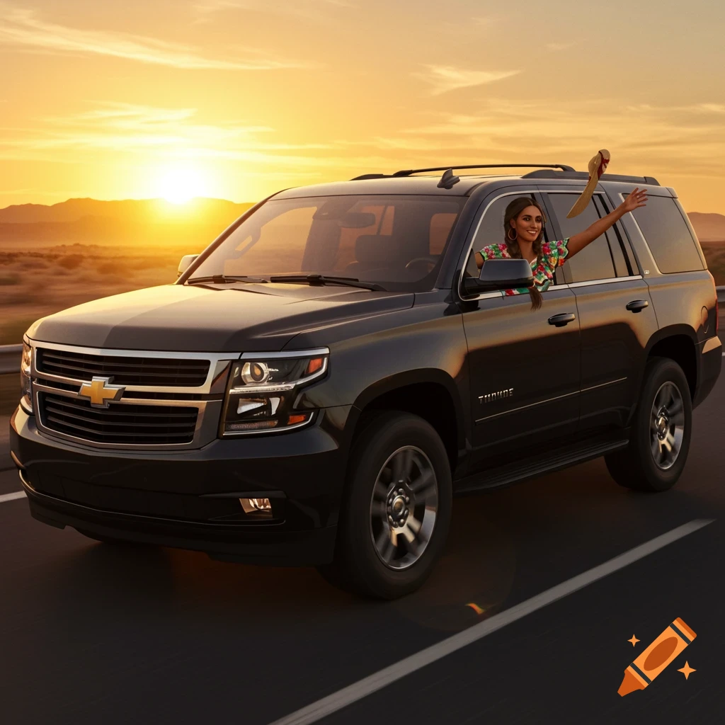 Black Chevrolet Tahoe SUV drives on a road at sunset with a woman waving from the window.