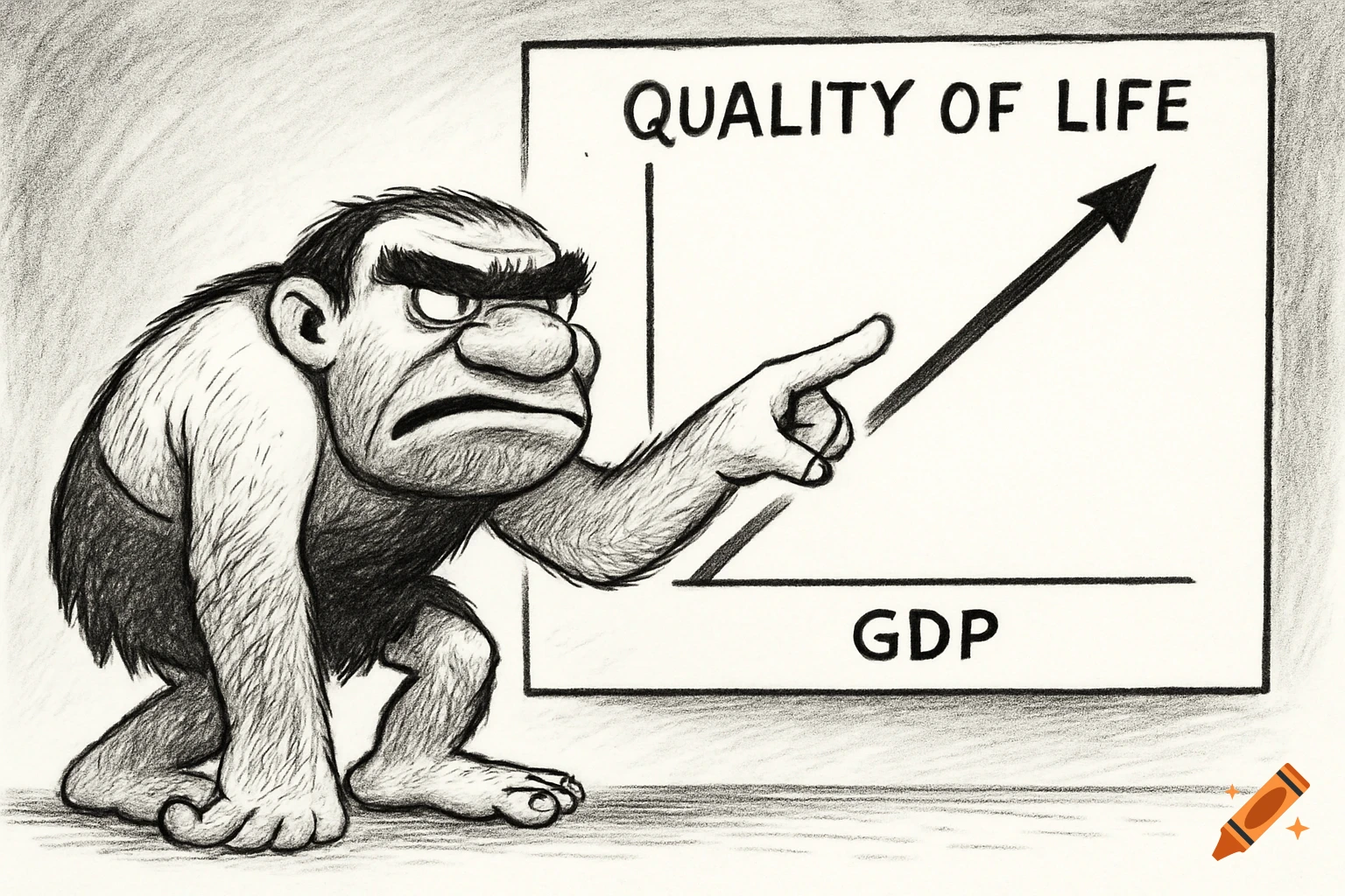 Black and white sketch of a caveman pointing at a graph labeled 'Quality of Life' vs 'GDP'.