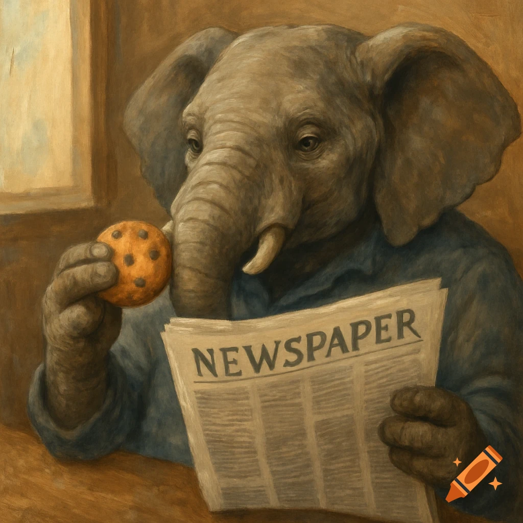An elephant is shown reading a newspaper and eating a cookie.