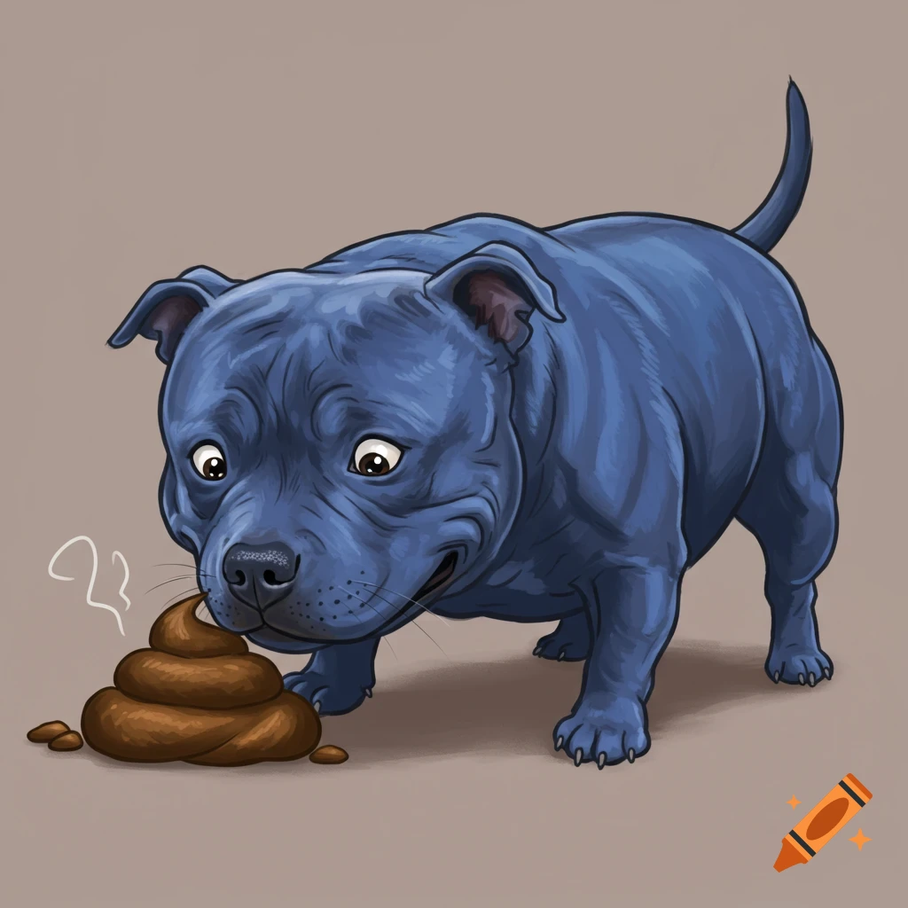 A blue staffy dog sniffing a pile of poop.