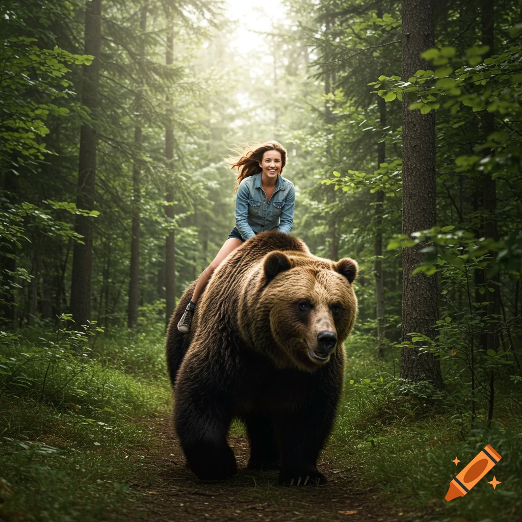 A woman rides a large brown bear through a forest.
