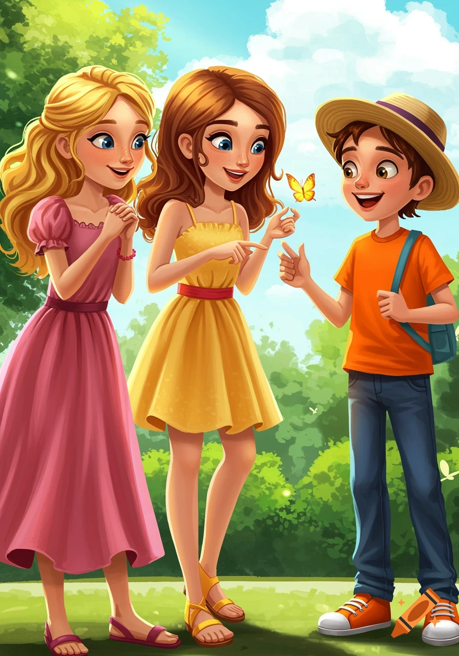 A cartoon illustration of three children in a park looking at a butterfly.