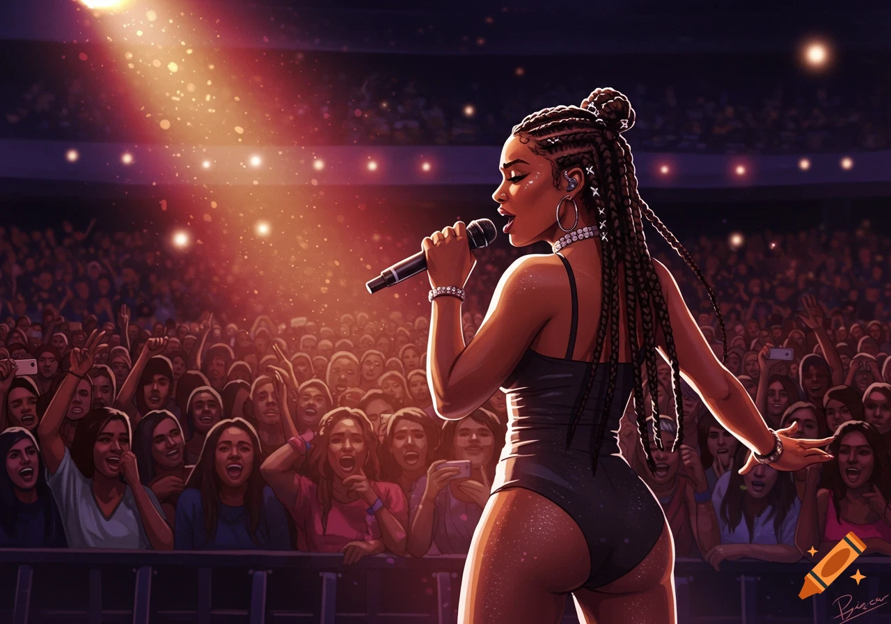 A black singer with braids performs on stage for a large crowd.